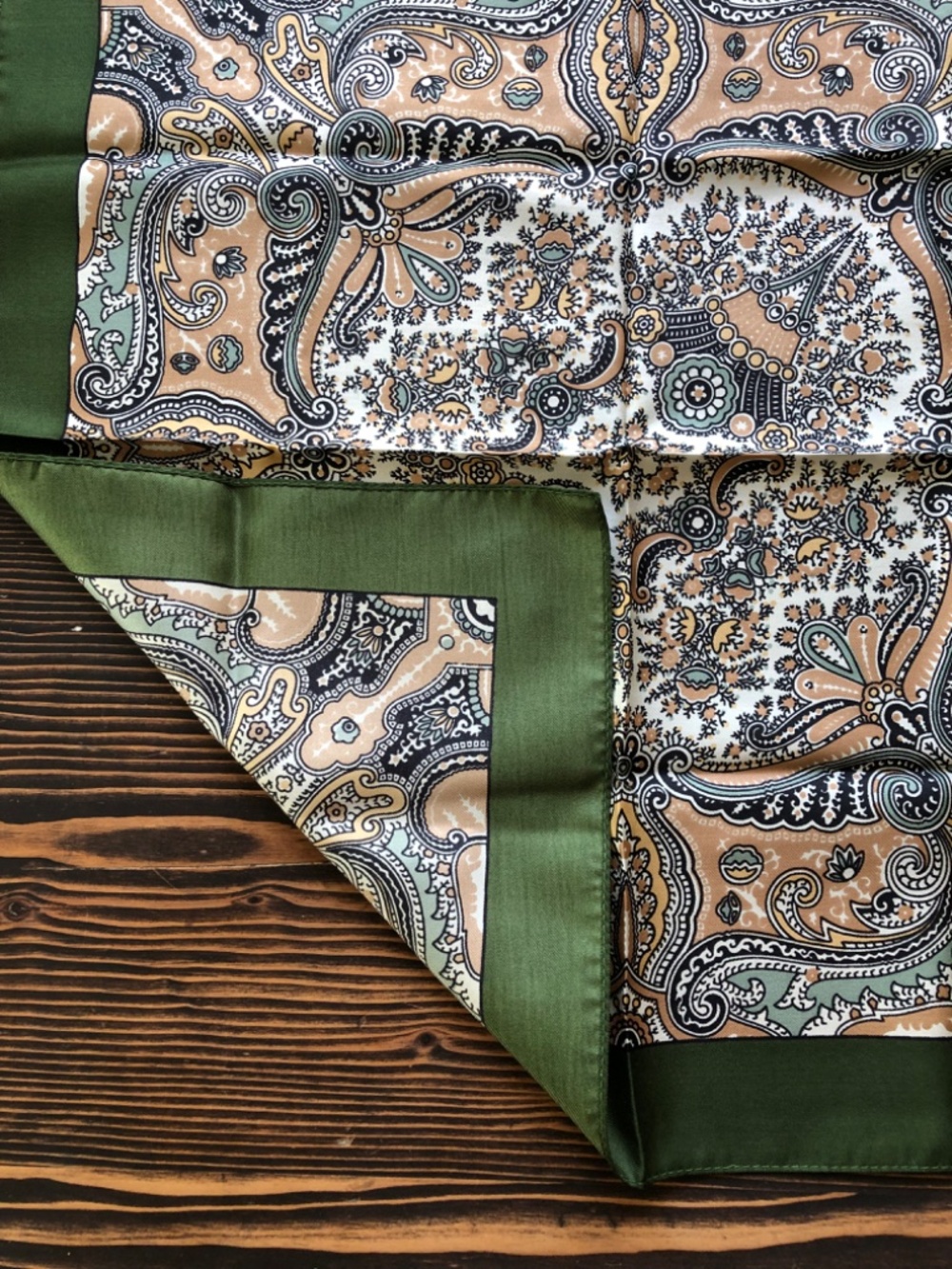 Green Cream Silk Scarf 17 Inches Square by London of Liberty - Picture 3 of 12